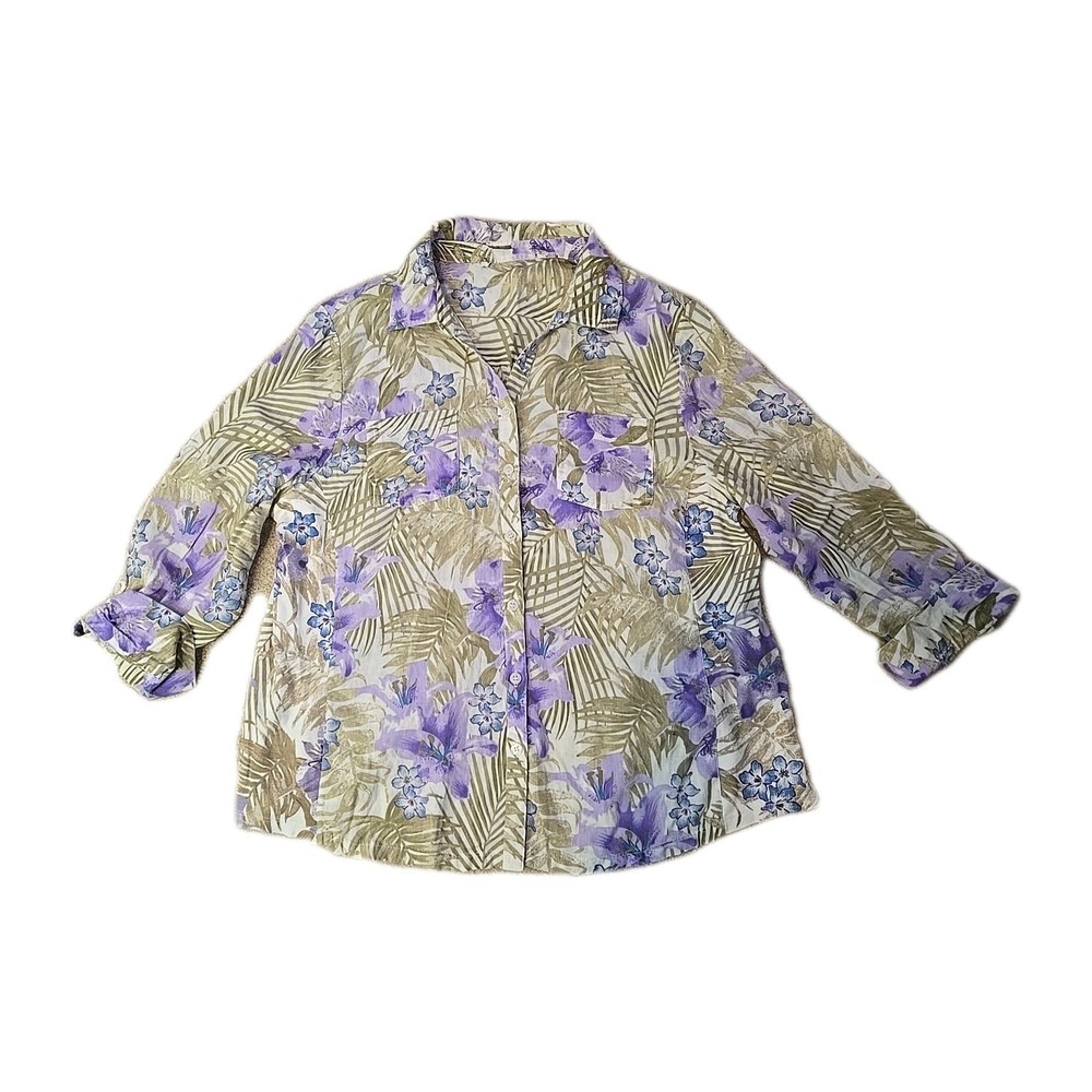 Linen Blend Floral Lavender Roll Up Sleeve Shirt Button Up Tropical Hawaiian L ?